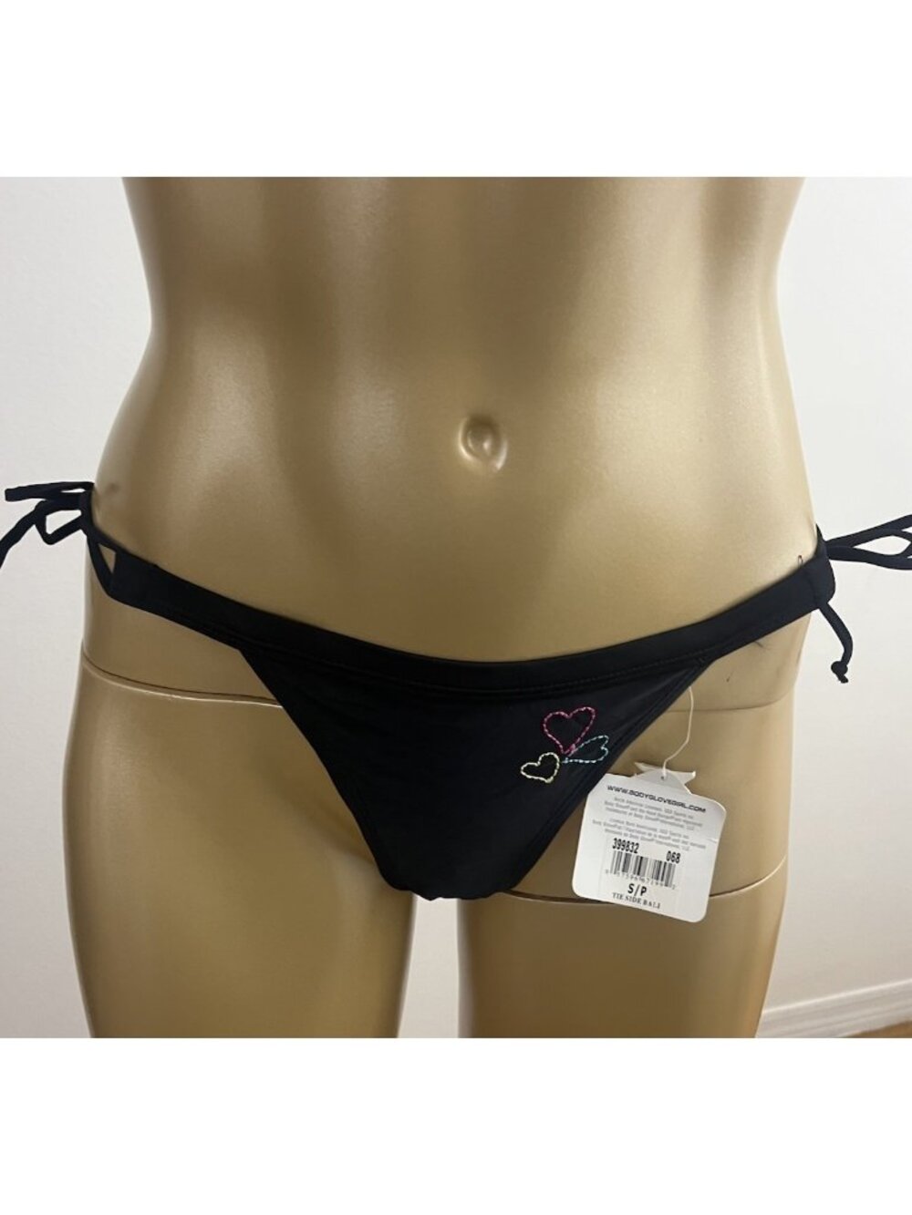 Body Glove Tie Side Bali Black Bikini Bottoms Heart Applique Small NWT 399832